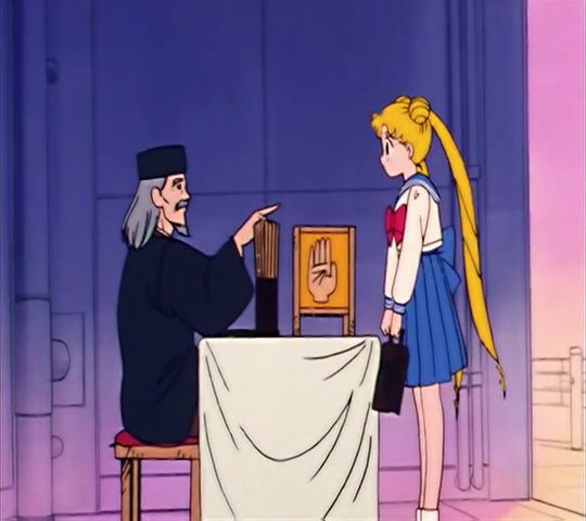 Usagi getting her fortune told (ep. 2; using yarrow stalks)