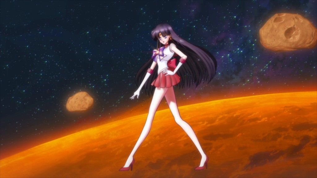 Sailor Mars with Phobos and Deimos in the background