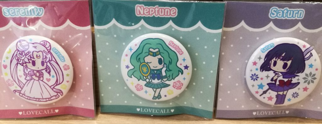 Serenity, Sailor Neptune, and Sailor Saturn, in pin form